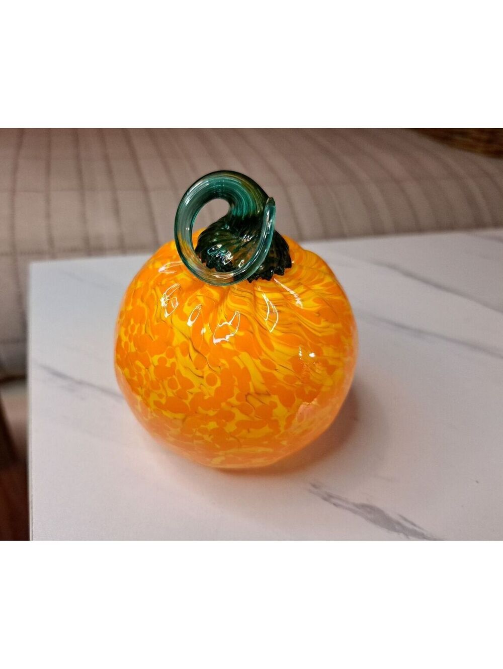 Hand-blown Orange and Yellow Speckled Glass Pumpkin w/ Leaf 3.5"